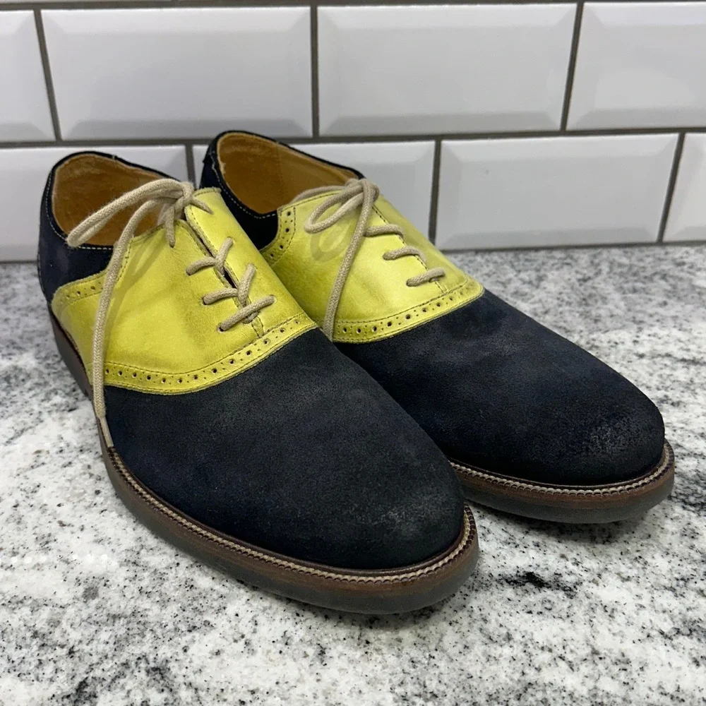 1901 Nordstrom Mens 9.5 Saddle Shoes Navy Lime Green Suede Leather Oxford Retro